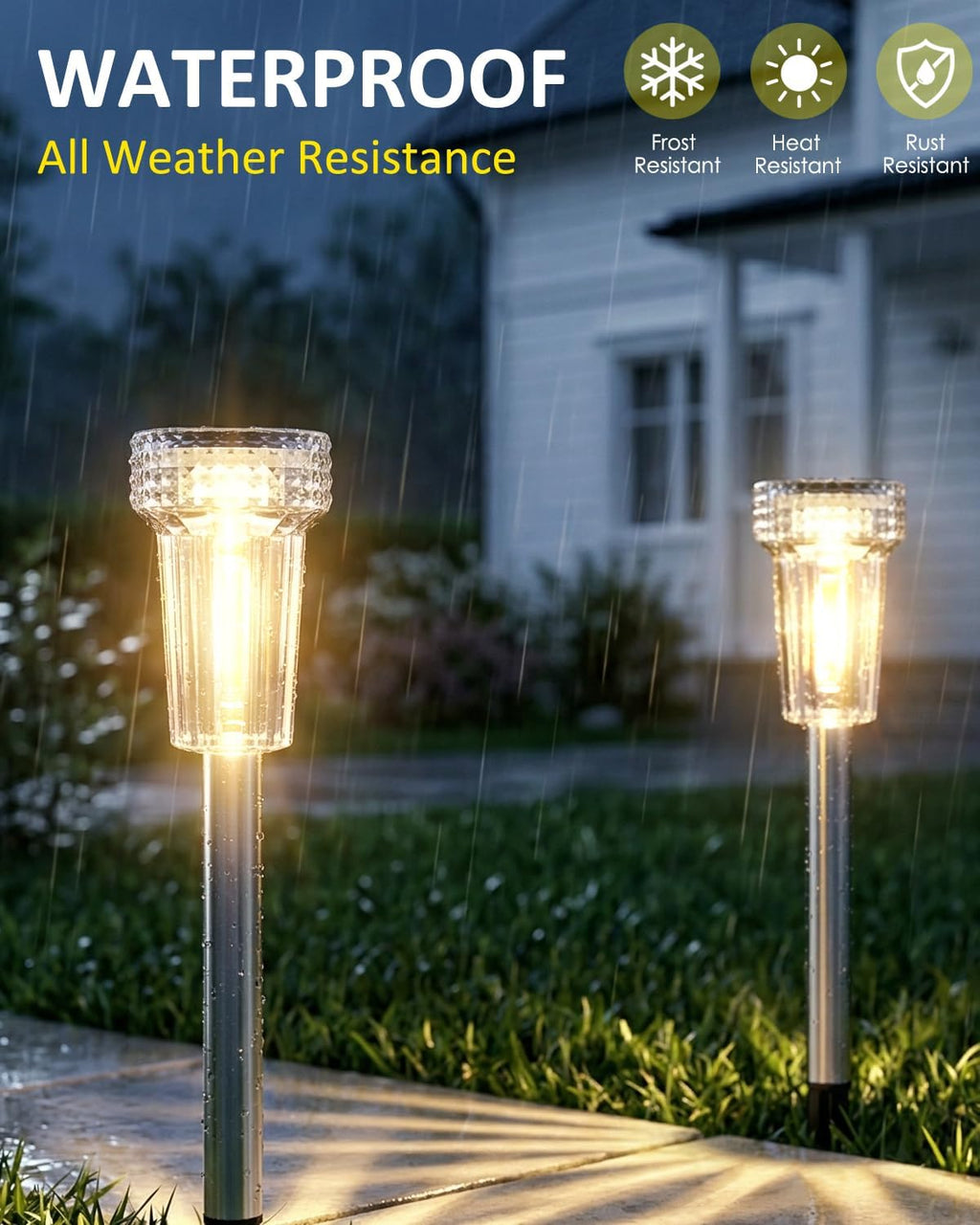 DERAYSION 12 Pack Solar Pathway Lights Outdoor, Solar Powered Garden Lights Auto On/Off, Waterproof Stainless Steel Pole Landscape Lighting for Path, Yard, Walkway, Driveway Decor - Warm White