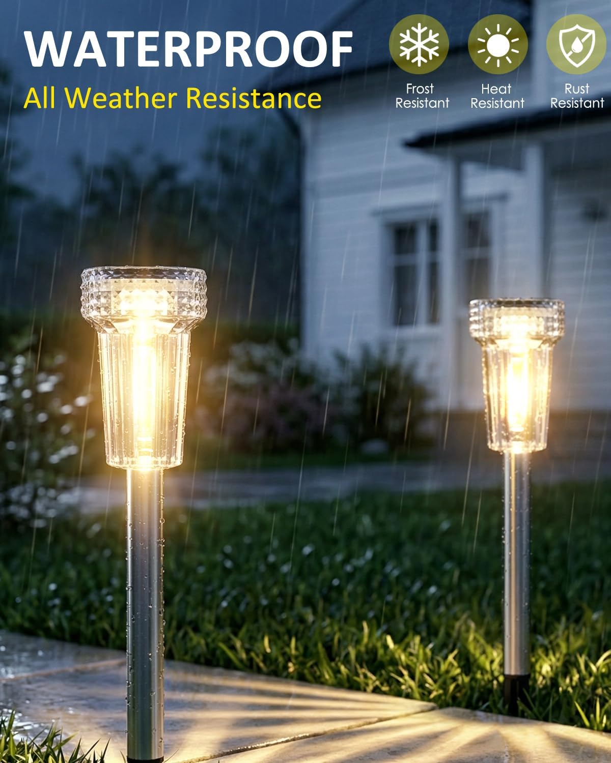 DERAYSION 12 Pack Solar Pathway Lights Outdoor, Solar Powered Garden Lights Auto On/Off, Waterproof Stainless Steel Pole Landscape Lighting for Path, Yard, Walkway, Driveway Decor - Warm White