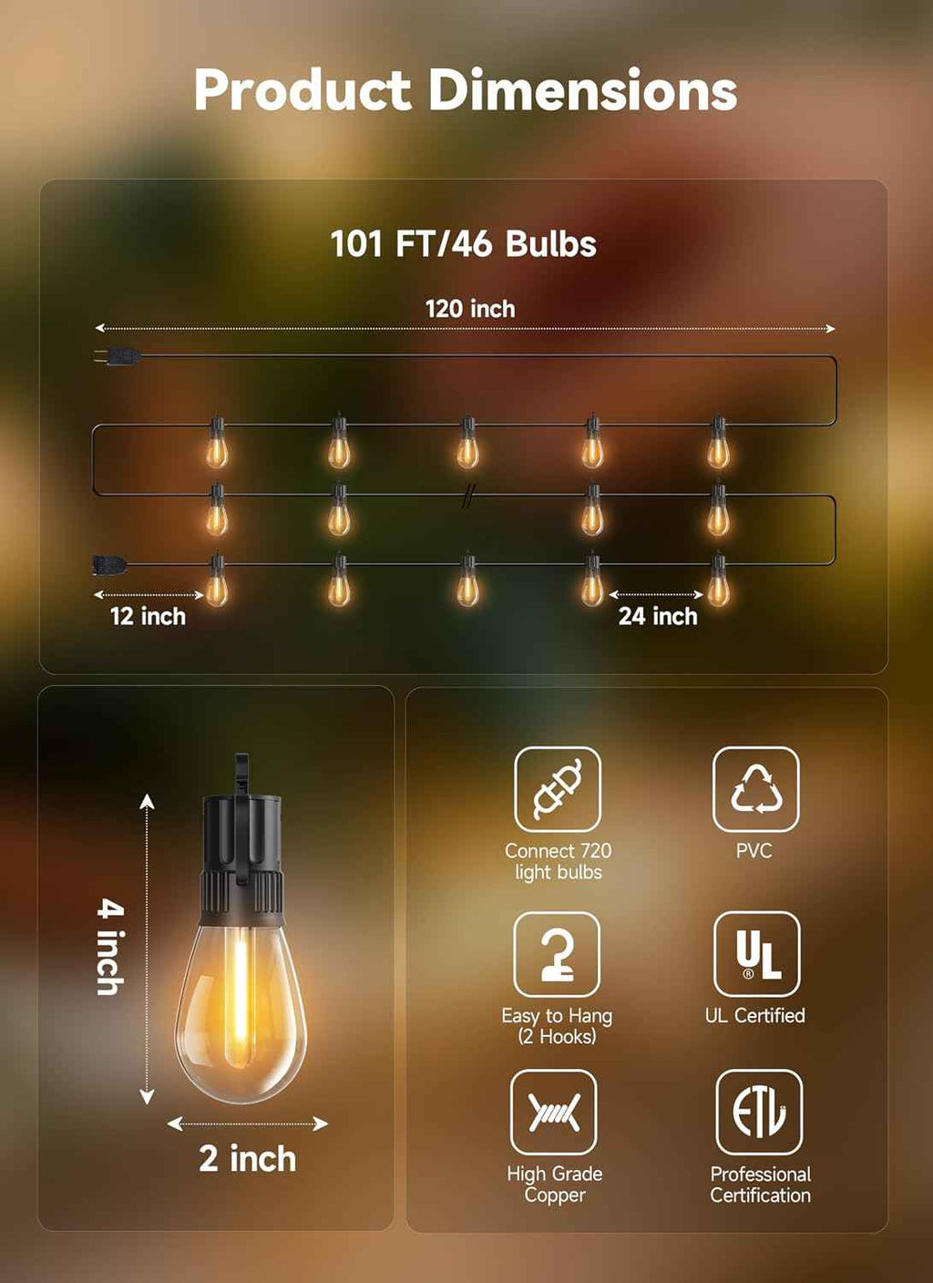 Minetom 101FT Outdoor String LED Patio Lights Waterproof,Shatterproof S14 Vintage Edison Bulbs,Commercial Grade Outside Hanging Lights Waterproof for Porch Deck Garden Backyard Balcony Cafe Bistro