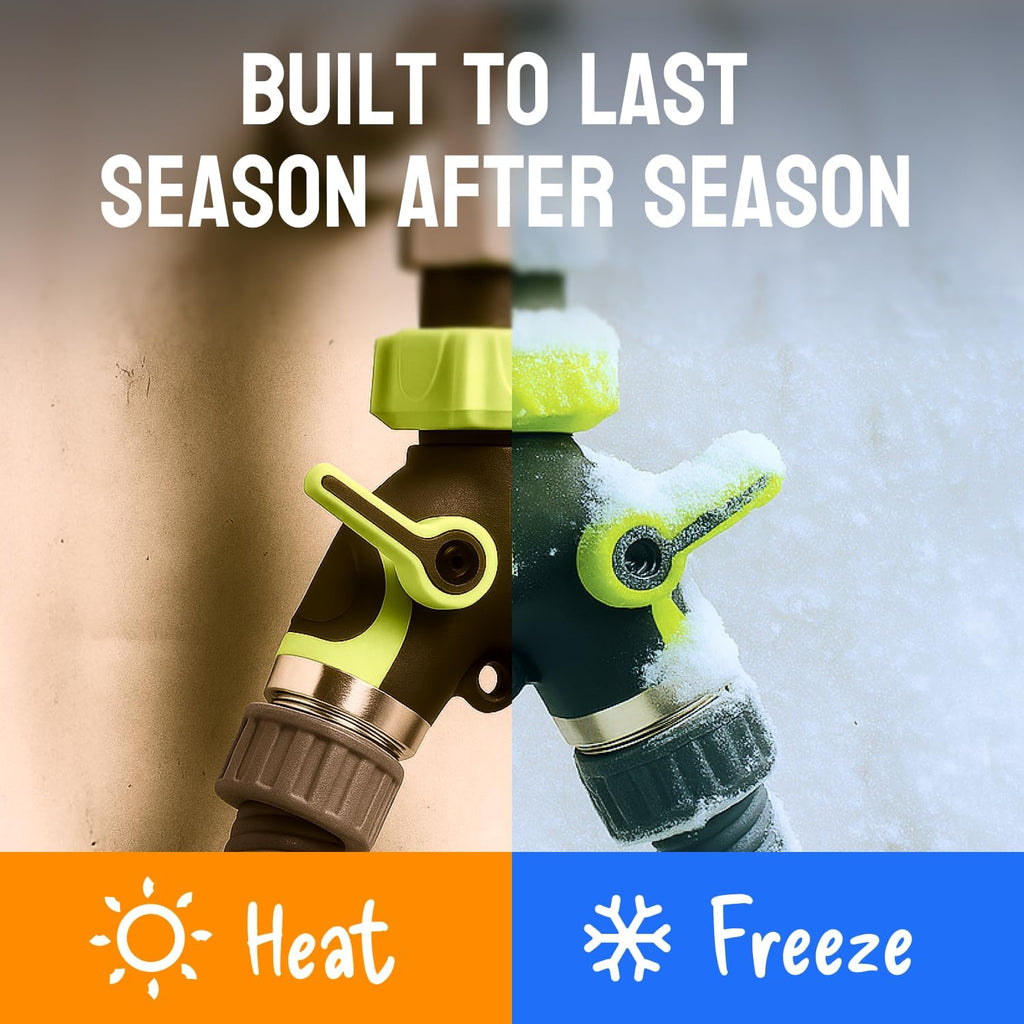 2 Way Hose Splitter Heavy Duty - Metal Y Garden Hose Splitter with Shutoff Valves, Brass Outdoor Faucet Adapter for Spigot, 3/4 Inch GHT Water Hose Connector - Green