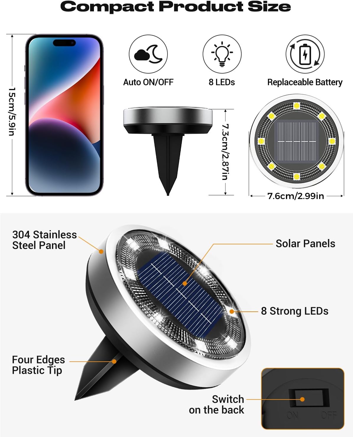 btfarm 16 Pack Solar Lights Outdoor Waterproof, 8 LED Solar Ground Lights | Stainless Steel, Easy-to-Install Flat Solar Disc Lights, Pathway Lights for Garden Lawn Patio Yard Path Landscape, Cool White
