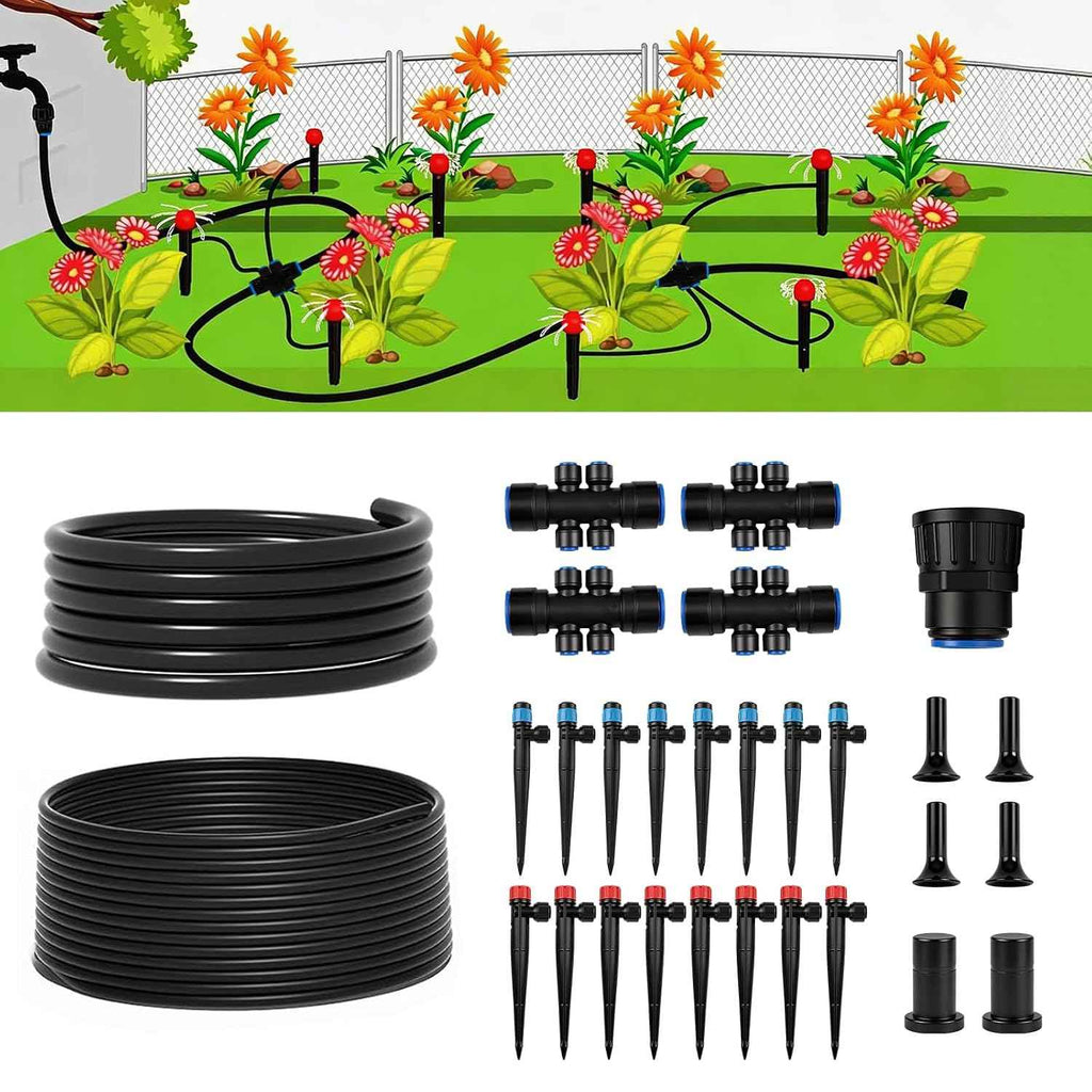 100FT Drip Irrigation System Kit, Quick Connect Garden Watering System, Easy Install Drip Irrigation Kit with 1/2" & 1/4" Tubing, Adjustable Emitters for Garden, Raised Beds, Greenhouse