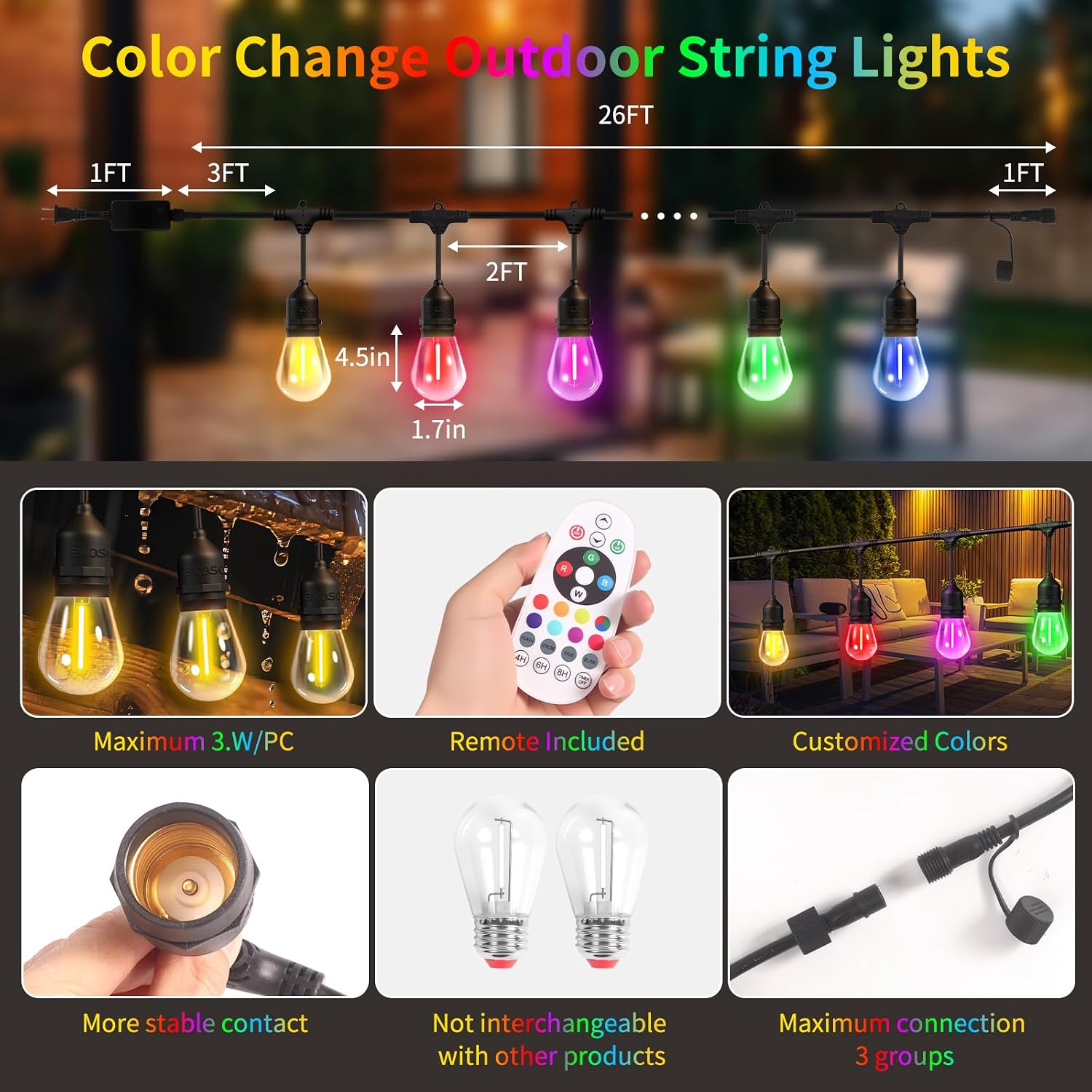 26FT Outdoor String Lights, Outdoor Lights for Patio,with 12+2 LED RGBW Color Change,3000K Bright White Waterproof Bulbs, Dimmer & Remote, Customized 12 Colors & 4 Modes, for Backyard Decor
