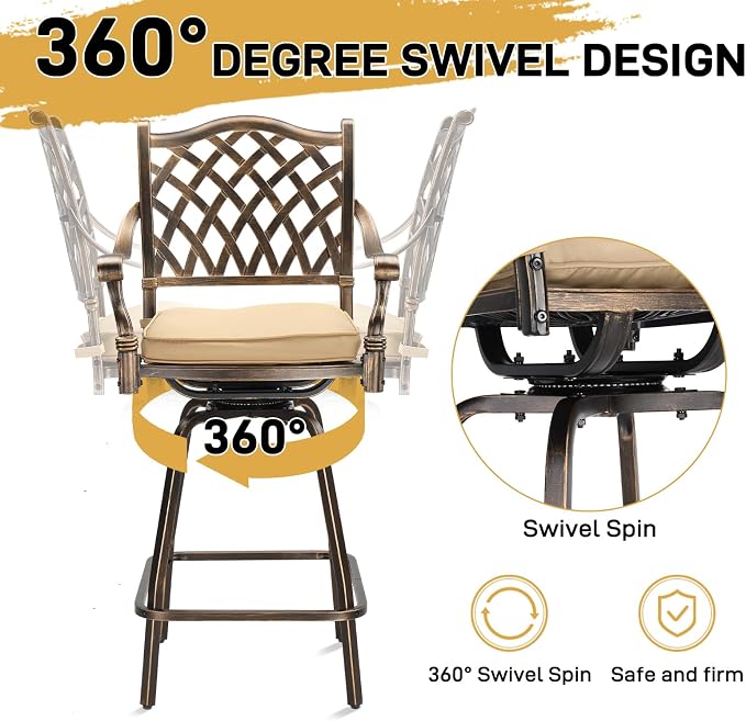 VINGLI Outdoor Swivel Bar Stools Set of 2, Cast Aluminum Patio Bar Height Chair - Image 5