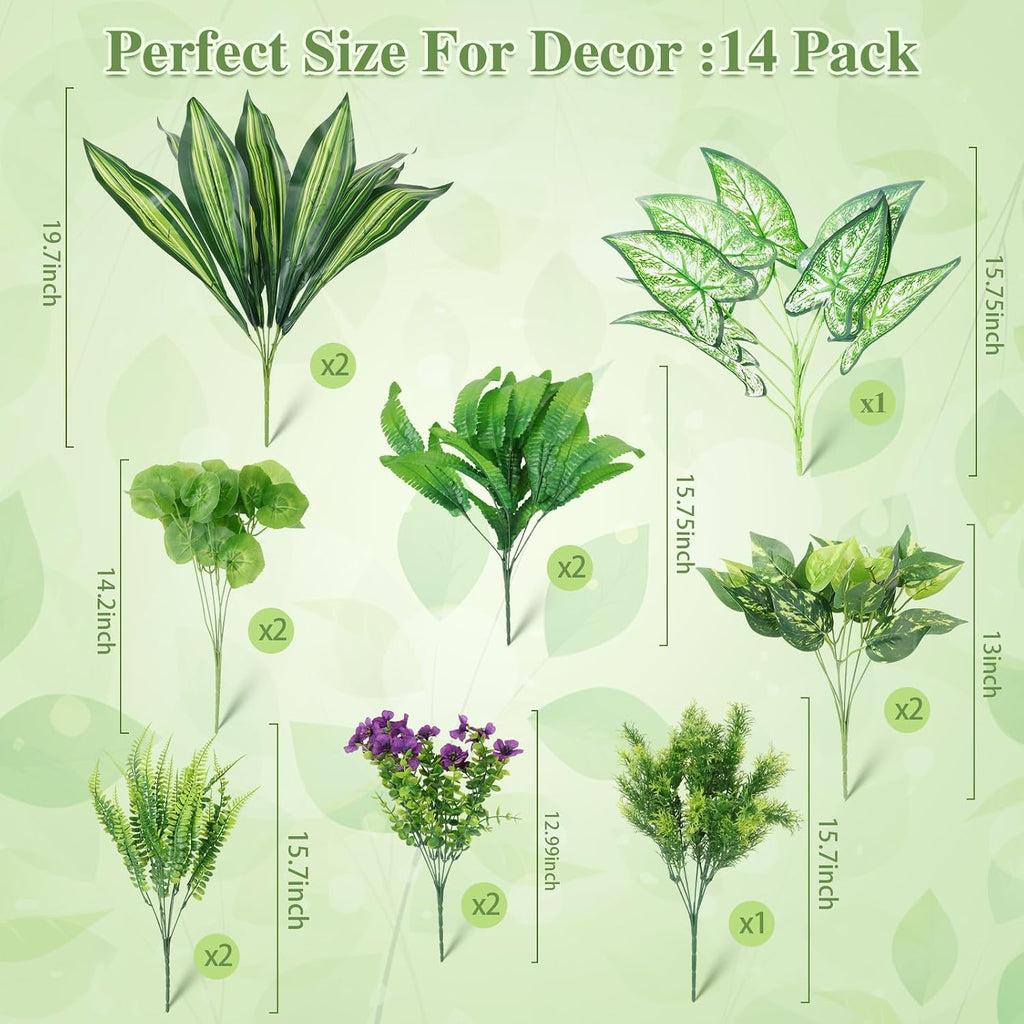 THKFUL 14Bundles Artificial Greenery Plants Outdoor Artificial Ivy Plants Faux Pothos Ferns Stems UV Resistant, Realistic Fake Shrubs Grasses Flowers Planter Filler for Window Box,Porch,Garden,Front