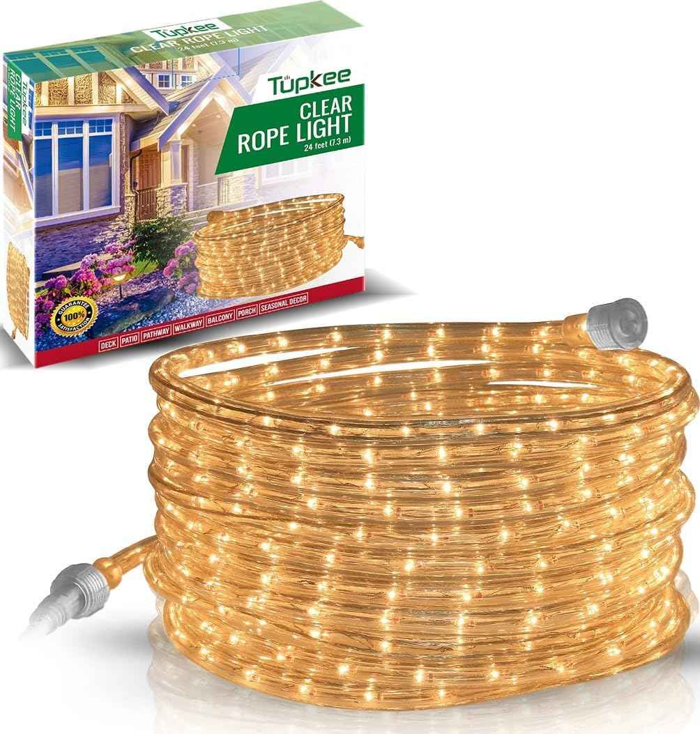 Clear Incandescent Rope Light, 24 feet, Connectable, Waterproof Tube | Flexible, Durable, Linkable, 288 Warm Long-Life Bulbs, for Bedroom, Garden, Halloween, Christmas Indoor & Outdoor Decoration