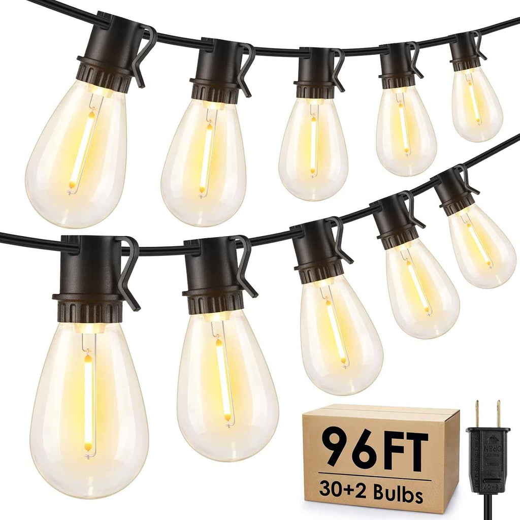 Larkvue 96FT LED Outdoor String Lights, 30+2 S14 Edison Bulbs, Black | Waterproof, Shatterproof, Connectable, Energy-saving, Plug in, Dimmable, Hanging Lamp for Backyard Patio Garden Decor