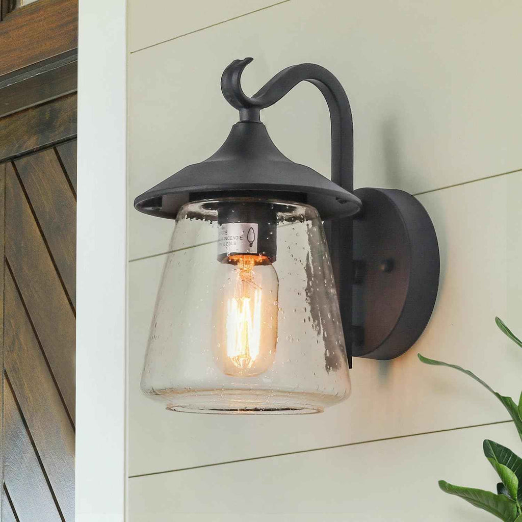 LALUZ Black Outdoor Wall Lights for House, Farmhouse Waterproof Anti-Rust Porch Lights Outdoor with Mushroom Seeded Glass, Outdoor Exterior Wall Sconce Light Fixtures Wall Mount for Patio Garage