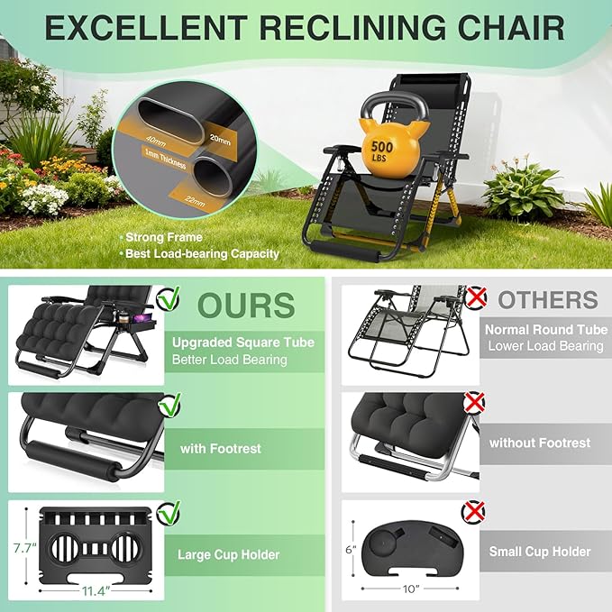 Suteck Oversized Zero Gravity Chair, 33In XXL Lounge Chair w/Removable - Image 5