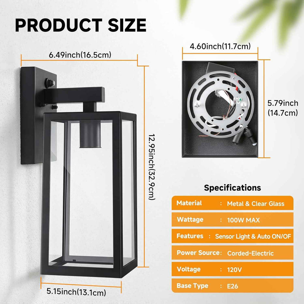 13" Dusk to Dawn Sensor Outdoor Wall Lighting, Large Waterproof Wall Sconce | Porch Lantern Fixture, E26 Socket & Glass Shade, Waterproof, Matte Black Wall Mount Lighting for Patio Front Door Entryway