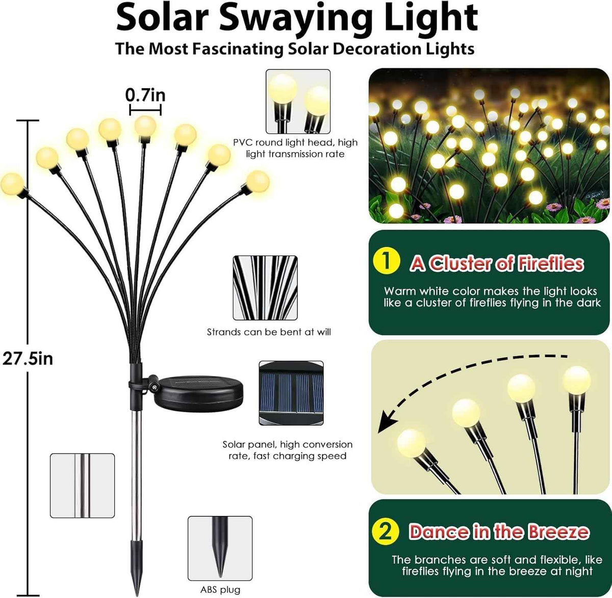 6 Pack Solar Garden Lights Outdoor Waterproof Firefly Lights Warm White | 2 Lighting Mode, Auto On/Off, Sway with Wind, Waterproof Solar lights Outdoor for Garden Yard Pathway Landscape Decorations