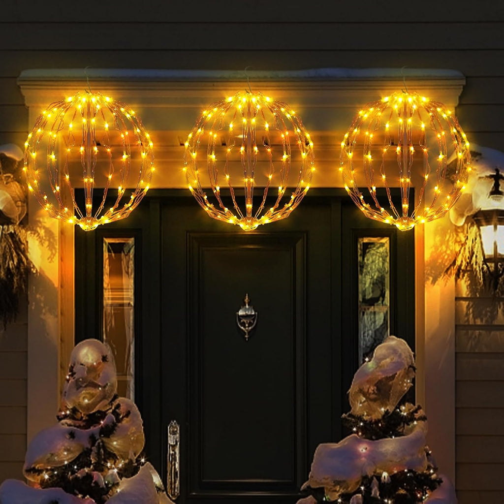 16 Inch Christmas LED Light Globes, 3 Pack Warm White Hanging Decor | 8 Lighting Modes, 3 Timer Modes, Folding Design, Waterproof, Indoor Outdoor Holiday Decor