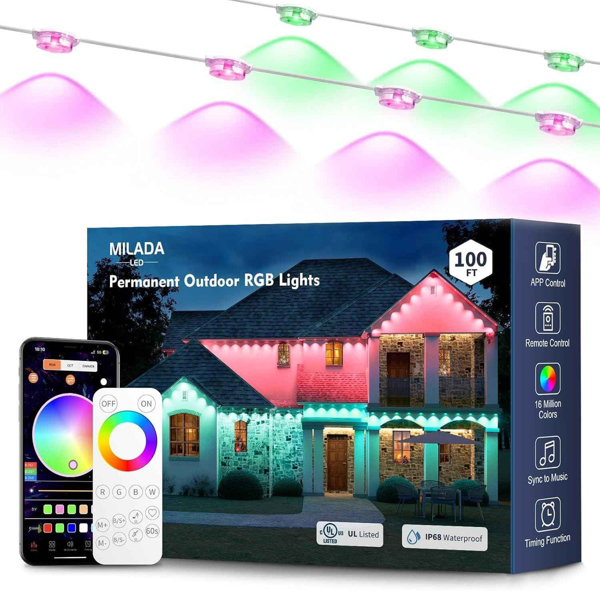 Permanent Outdoor Lights RGB 100FT/50LEDs Eaves String | IP68 Waterproof Music Sync Lights with Remote&APP Control Suitable for Holiday Christmas Garden Party Decor