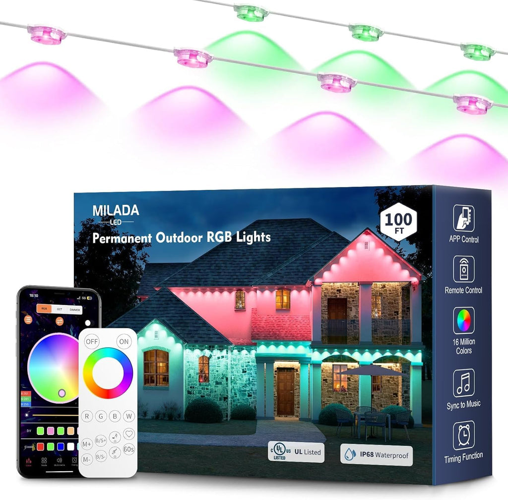 Permanent Outdoor Lights RGB 100FT/50LEDs Eaves String | IP68 Waterproof Music Sync Lights with Remote&APP Control Suitable for Holiday Christmas Garden Party Decor