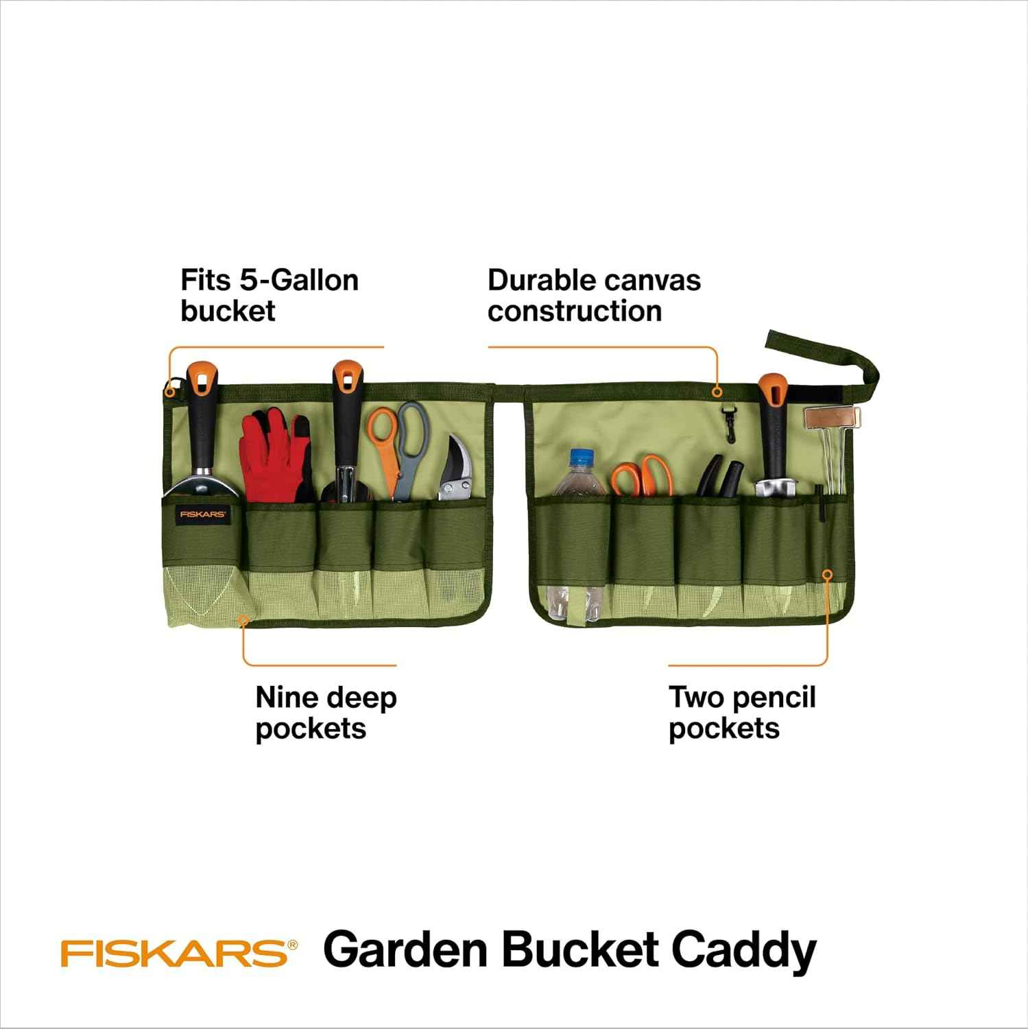 Fiskars 5 Gallon Garden Tool Bucket Caddy, Bucket & Tools Not Included | Canvas Caddy Fits Snug on a 5 Gallon Bucket to Carry All Your Gardening Essentials and Free Up Bucket Space for Yard Waste