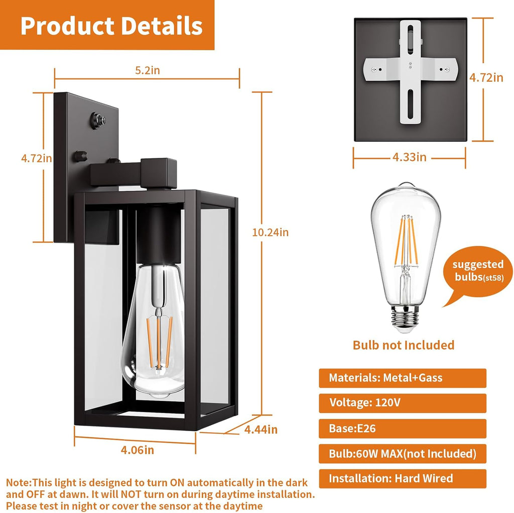 2 Pack Dusk to Dawn Exterior Lighting Fixtures Wall Mount, Sensor Outside Front Porch Lights for House, Outdoor Lantern Lamp, Waterproof Wall Sconce Lights, Black Coach Light for Garage Entryway