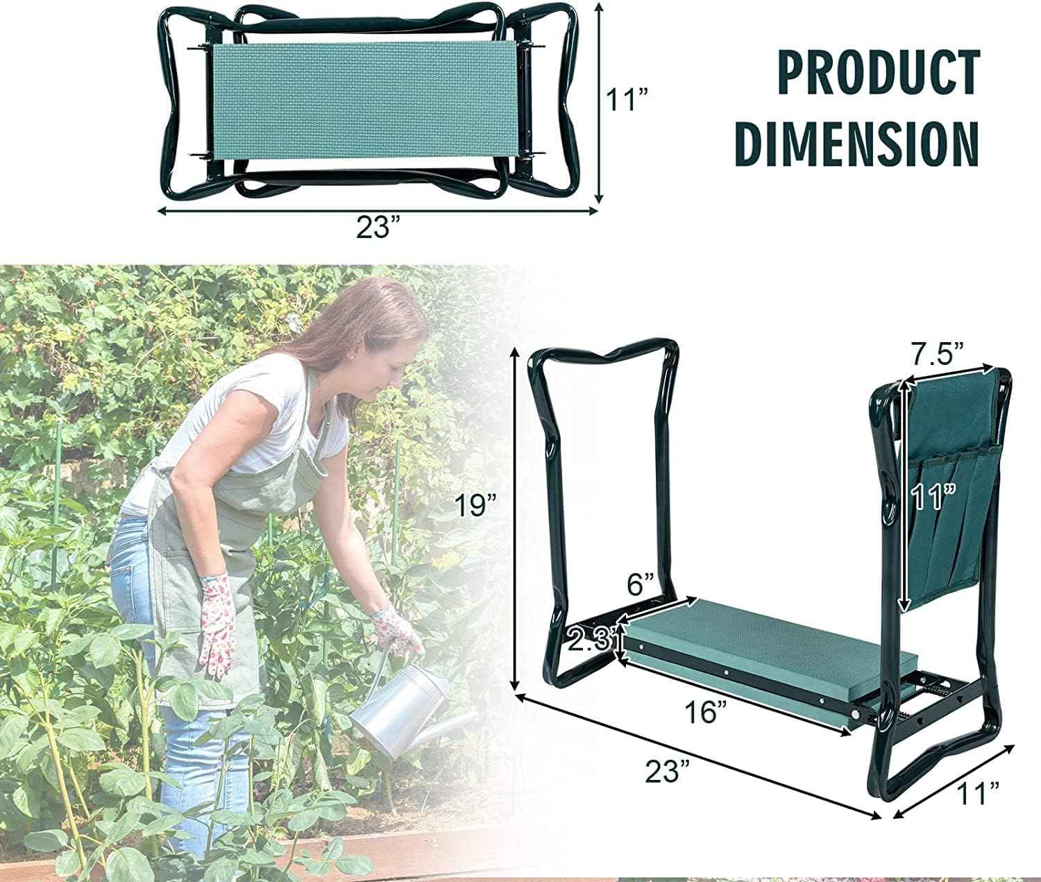 2-in-1 Garden Kneeler & Seat, Folding Seat w/EVA Foam Kneeling Pad & Removable Tools Pouch, Sturdy Steel Frame, No Assembly, Portable Heavy Duty Garden Stool for Women & Men