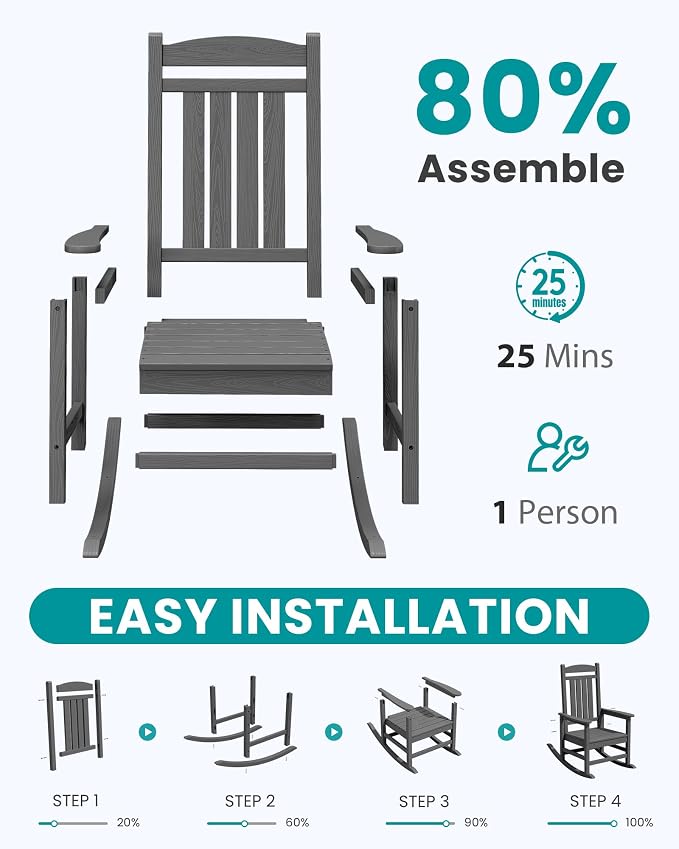 SERWALL Outdoor Rocking Chair, HDPE Patio Rocking Chair All-Weather Porch Rocker - Image 8