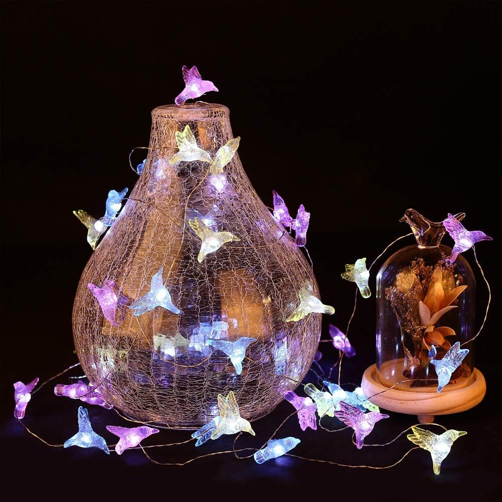 WSgift Hummingbird Decorative String Lights, 13.85 Ft 40 Cool White LED Weatherproof Battery Operated 8 Modes Spring Fairy Lights for Holiday Parties Bedrooms Weddings Gardens with Remote and Timer