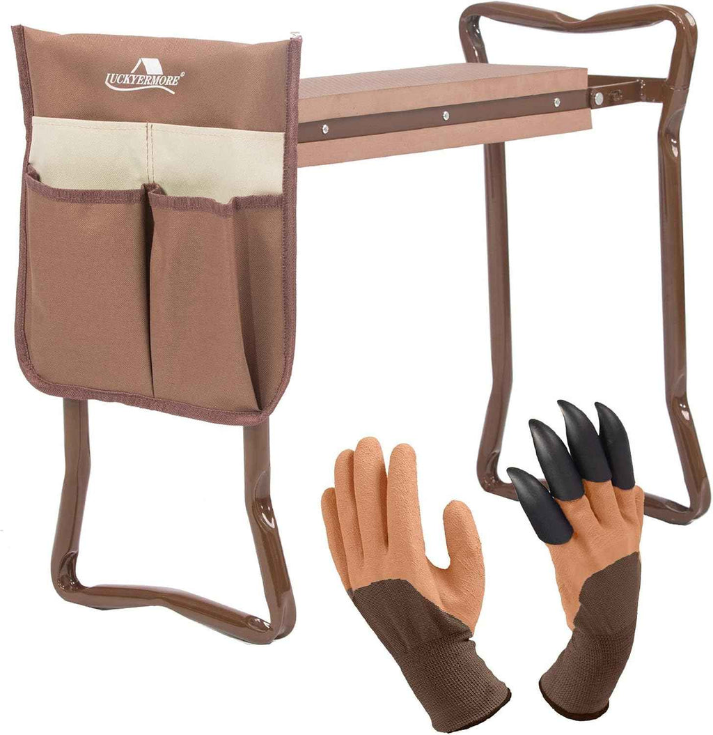 LUCKYERMORE Garden Kneeler and Seat Folding Kneeling Bench Stool with Tool Pouches Soft EVA Foam for Gardening,Asiento Garden Kneeler,Brown