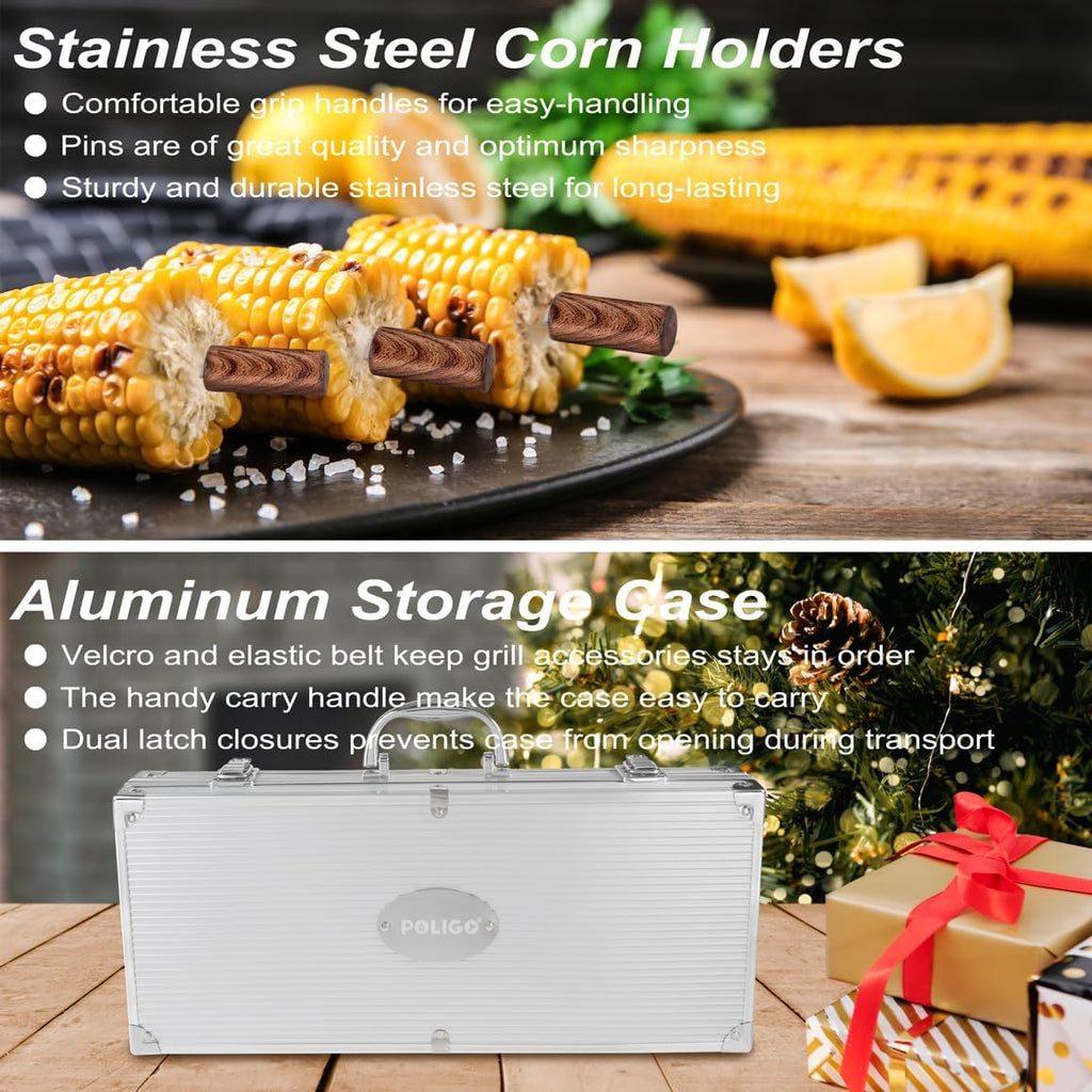 POLIGO 22PCS Heavy Duty BBQ Grill Accessories Set, Non-Slip Grill Tools for Outdoor Grill Set Stainless Steel Grill Utensils Set, Deluxe Grilling Tools Set in Aluminum Case Ideal Gifts for Men Brown