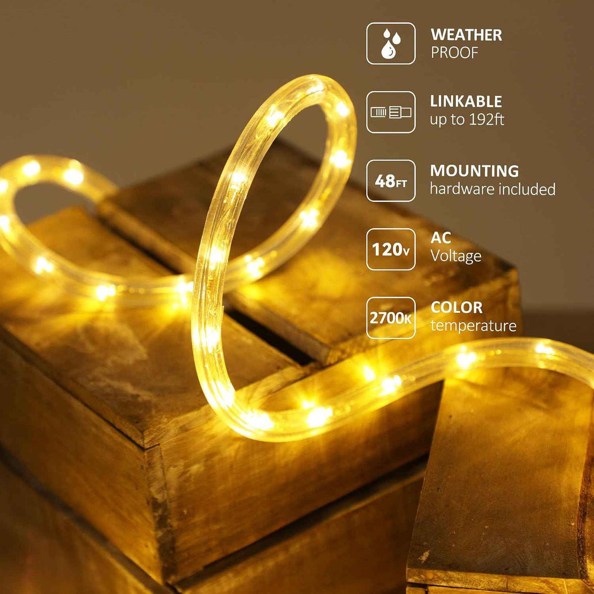 LED Light Rope, 48ft Waterproof Flexible Strip Lights, Indoor/ Outdoor, Connectable 2700K Warm White Landscape Tube Lighting for Bedroom, Home Decor, Garden, Patio, Porch, Yard, Deck, Party Holiday