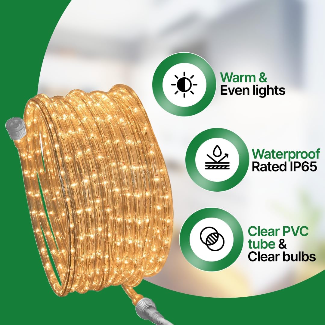 Clear Incandescent Rope Light, 24 feet, Connectable, Waterproof Tube | Flexible, Durable, Linkable, 288 Warm Long-Life Bulbs, for Bedroom, Garden, Halloween, Christmas Indoor & Outdoor Decoration