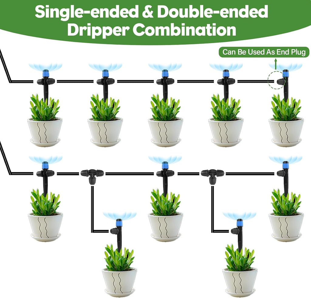 35PCS Double-Head Drip Irrigation Emitters Sprayers for 1/4" Tubing (Blue) | Barbed Drip Emitters for 4/7mm Tubing, Adjustable 360 Degree Vortex Water Flow Dripper with Lock for Garden Watering System