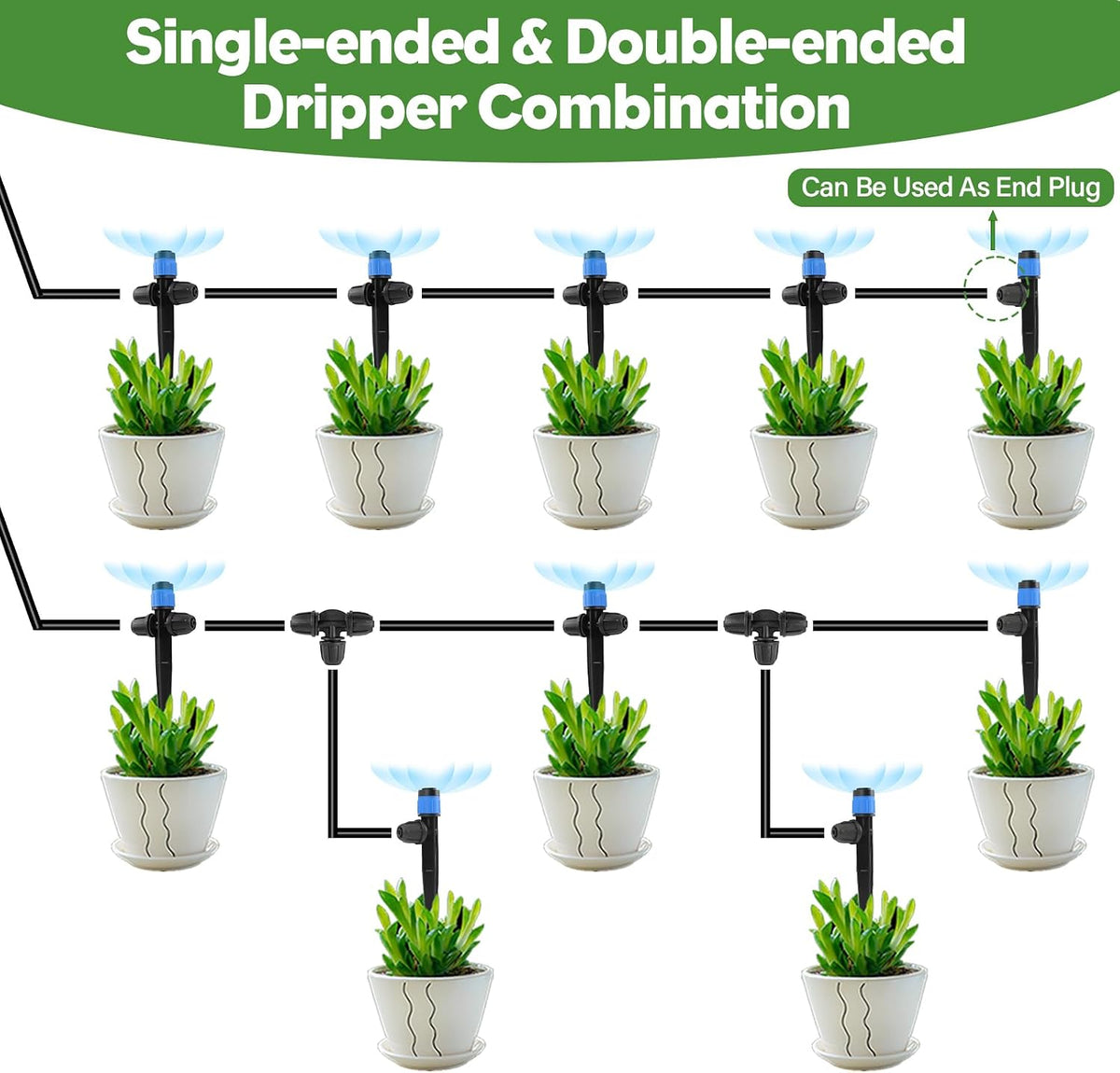 35PCS Double-Head Drip Irrigation Emitters Sprayers for 1/4" Tubing (Blue) | Barbed Drip Emitters for 4/7mm Tubing, Adjustable 360 Degree Vortex Water Flow Dripper with Lock for Garden Watering System