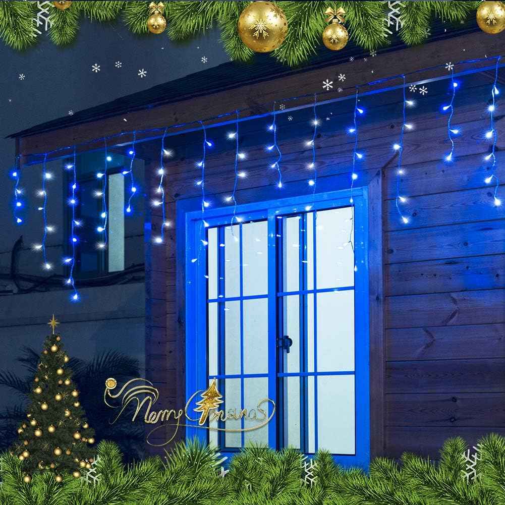 Christmas Icicle Lights Outdoor,300 LED 33FT Hanging String Lights | 50 Drops Connectable,8 Modes & Memory, Plug In Hanging Twinkle Lights for Bedroom,Curtain,Roof,Party,Xmas Decor,Blue White