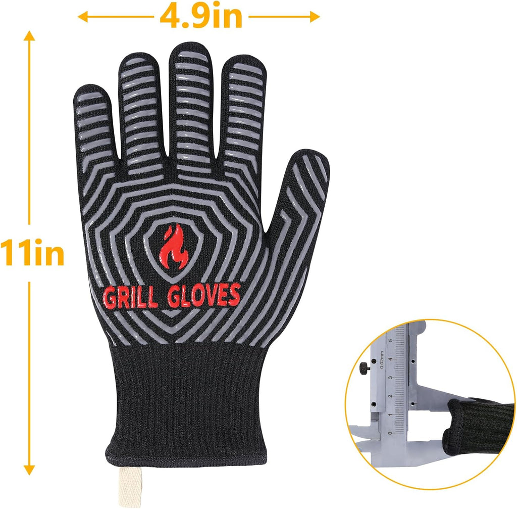 QUWIN BBQ Gloves, 1472°F Heat Resistant Grilling Gloves Silicone Non-Slip Oven Mitts, Kitchen Gloves for BBQ, Grilling, Cooking, Baking(One Size Fits Most, Black)- 1 Pair