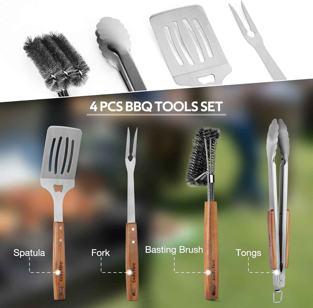 onlyfire 4PCS BBQ Tools, Stainless Steel Griddle Accessories | Grilling Utensil Set Including Grill BBQ Spatulas, Barbecue Tong, Grill Fork and BBQ Brush