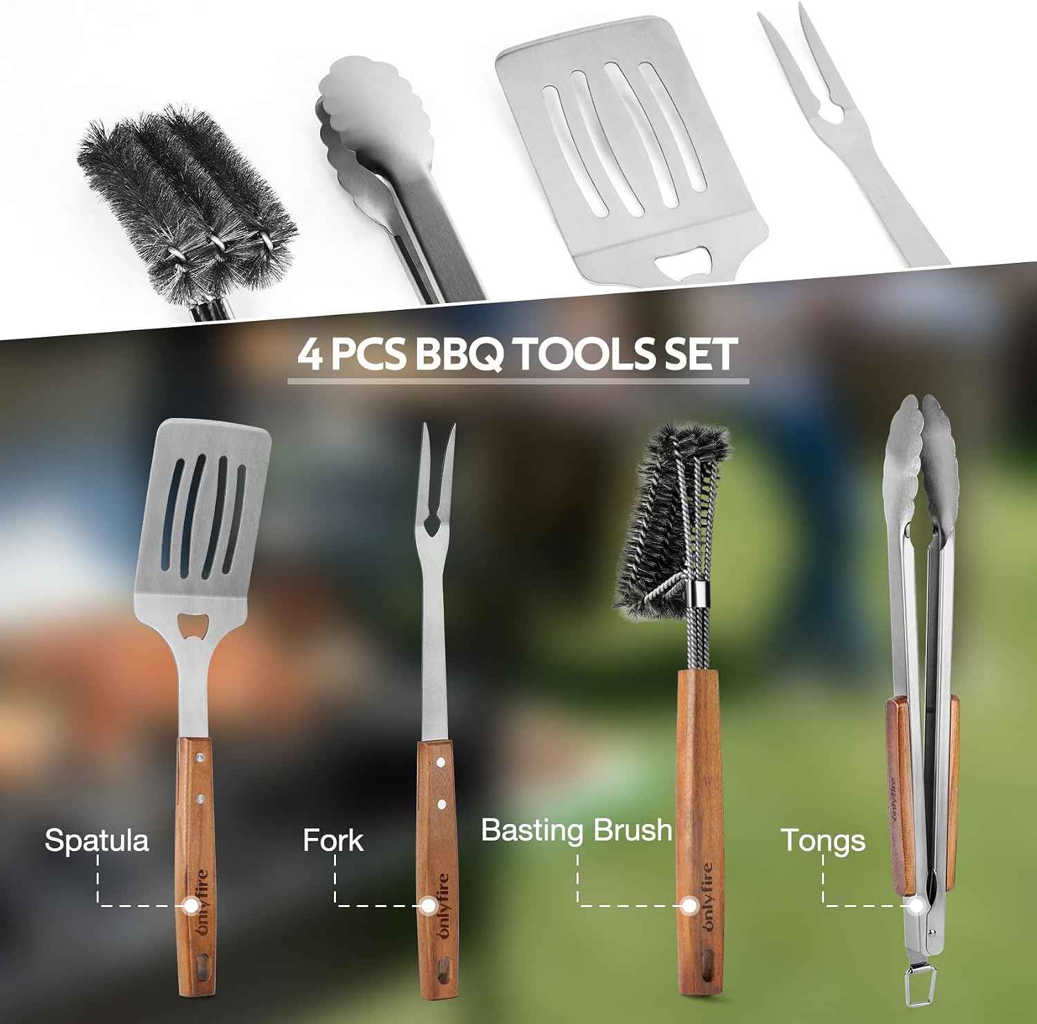 onlyfire 4PCS BBQ Tools, Stainless Steel Griddle Accessories | Grilling Utensil Set Including Grill BBQ Spatulas, Barbecue Tong, Grill Fork and BBQ Brush