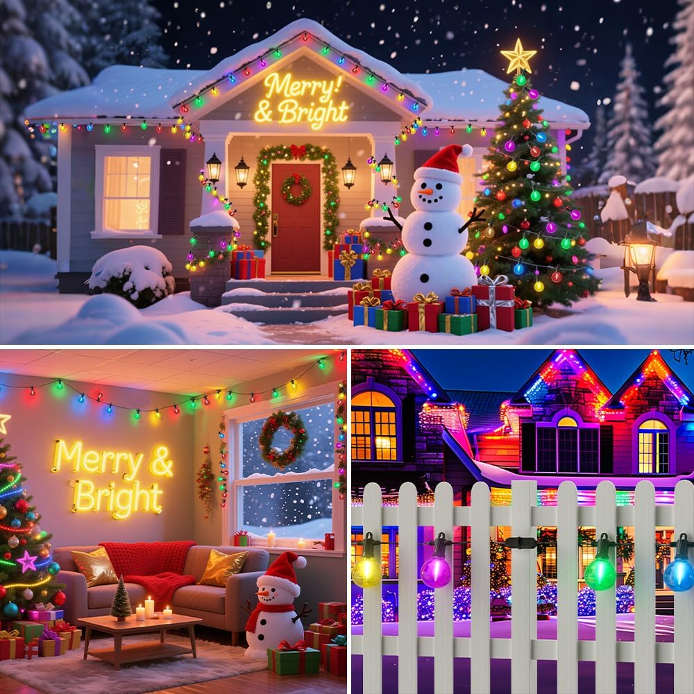 FOOMAN 50FT Christmas Outdoor String Lights, Colored Patio Lights | Waterproof IP65 Shatterproof Dimmable with 25 LED G40 Bulbs for Xmas Halloween Garden Backyard Yard Bistro Holiday