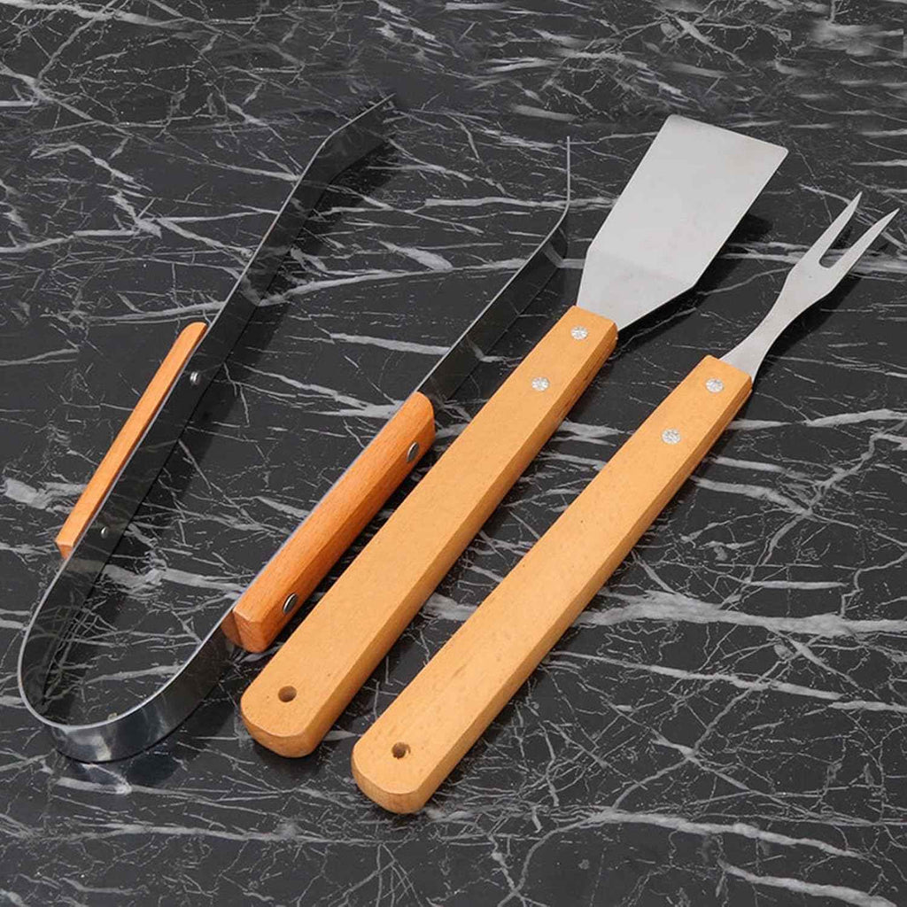 3 Piece Grill Set BBQ Accessories - BBQ Grilling Tools Set Kitchen Tongs, Metal Spatula & Fork Utensils - Stainless Steel Barbecue Grill Utensils for Outdoor Grill with Wood Handles (Khaki, One Size)