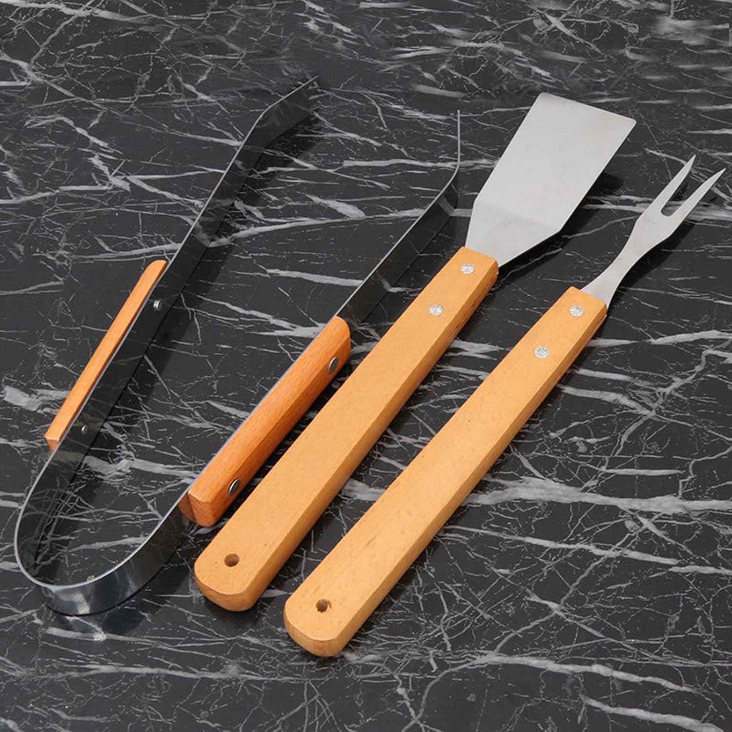 3 Piece Grill Set BBQ Accessories - BBQ Grilling Tools Set Kitchen Tongs, Metal Spatula & Fork Utensils - Stainless Steel Barbecue Grill Utensils for Outdoor Grill with Wood Handles (Khaki, One Size)