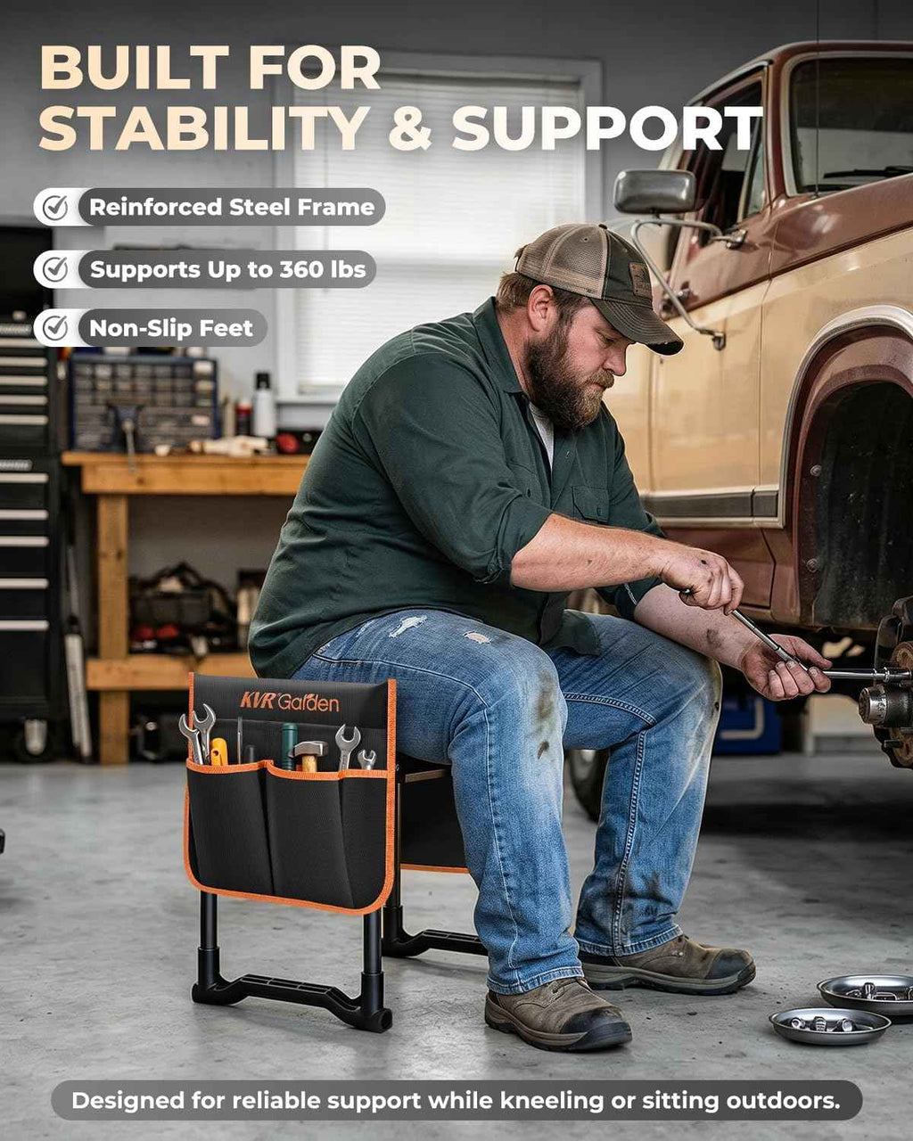 KVR Garden Kneeler and Seat with 2 Tool Pouches, Heavy Duty Foldable Gardening Stool, Portable Bench with Thick EVA Foam for Knee Support, Gifts for Seniors, Black/Orange