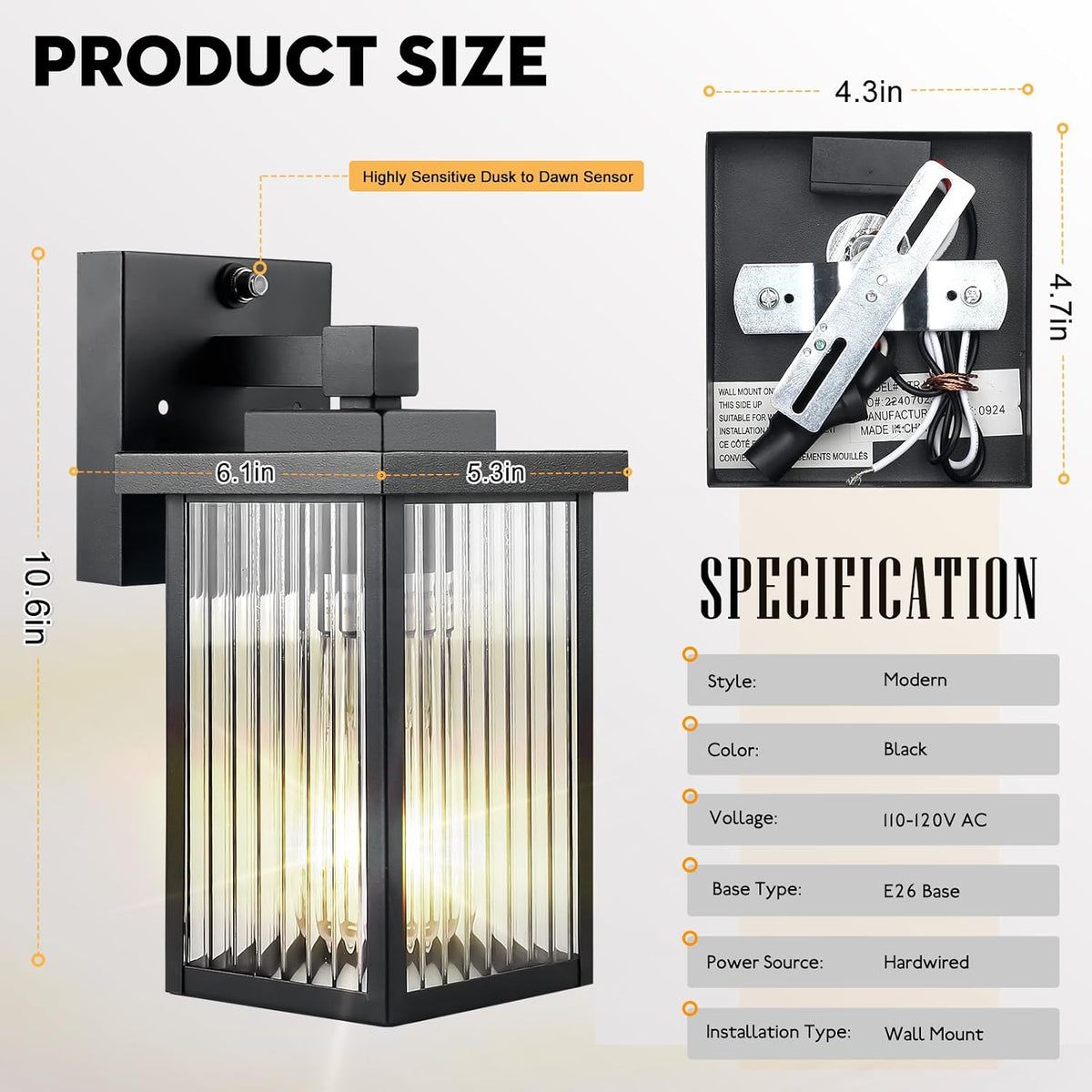 2 Pack Black Dusk to Dawn Outdoor Wall Light, All-Metal Frame | Auto On/Off, Rust-Resistant,Tempered Glass, Easy DIY Install on Porch, Garage