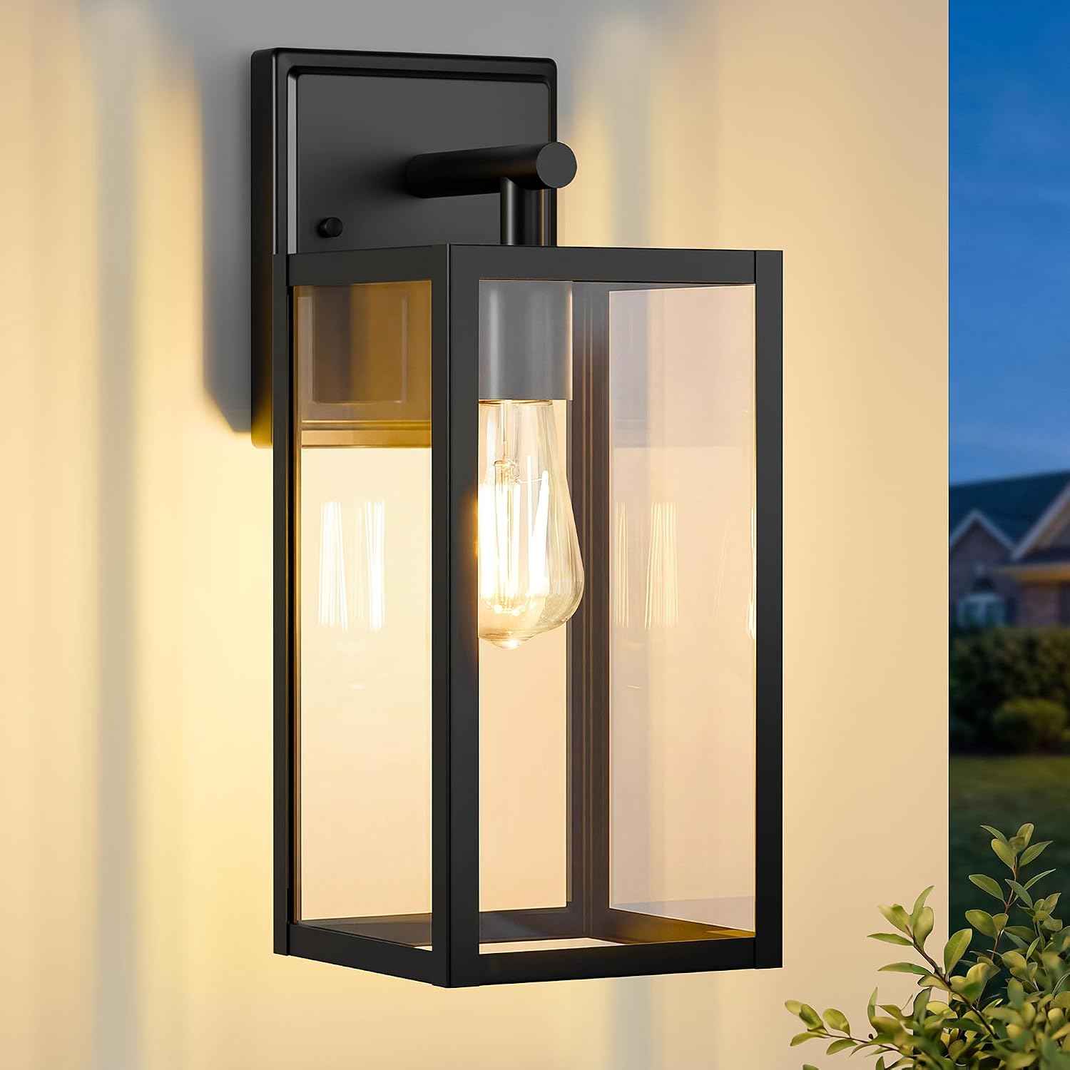 FOLKSMATE 13.46 inch Outdoor Wall Light Fixture Matte Black Waterproof | Large Outside Porch Lights, Durable Metal with Clear Glass Shade, E26 Socket, Exterior Wall Sconce Lanterns for House