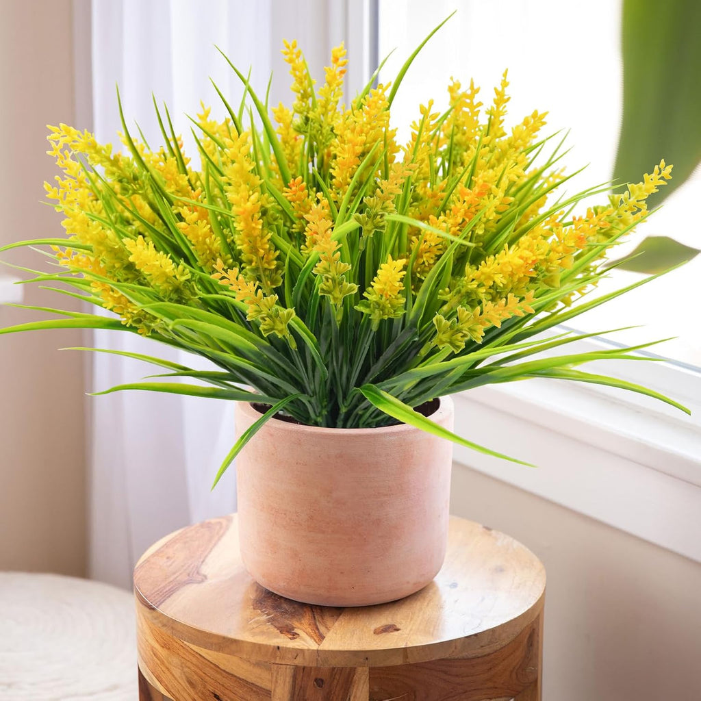 40 Bundles Artificial Lavender Outdoor UV Resistant No Maintain,Yellow | Faux Lavender Flowers with Greenery Monkey Grass,Lifelike Plastic Plants for Garden Porch/Window Box/Patio Hanging Decor