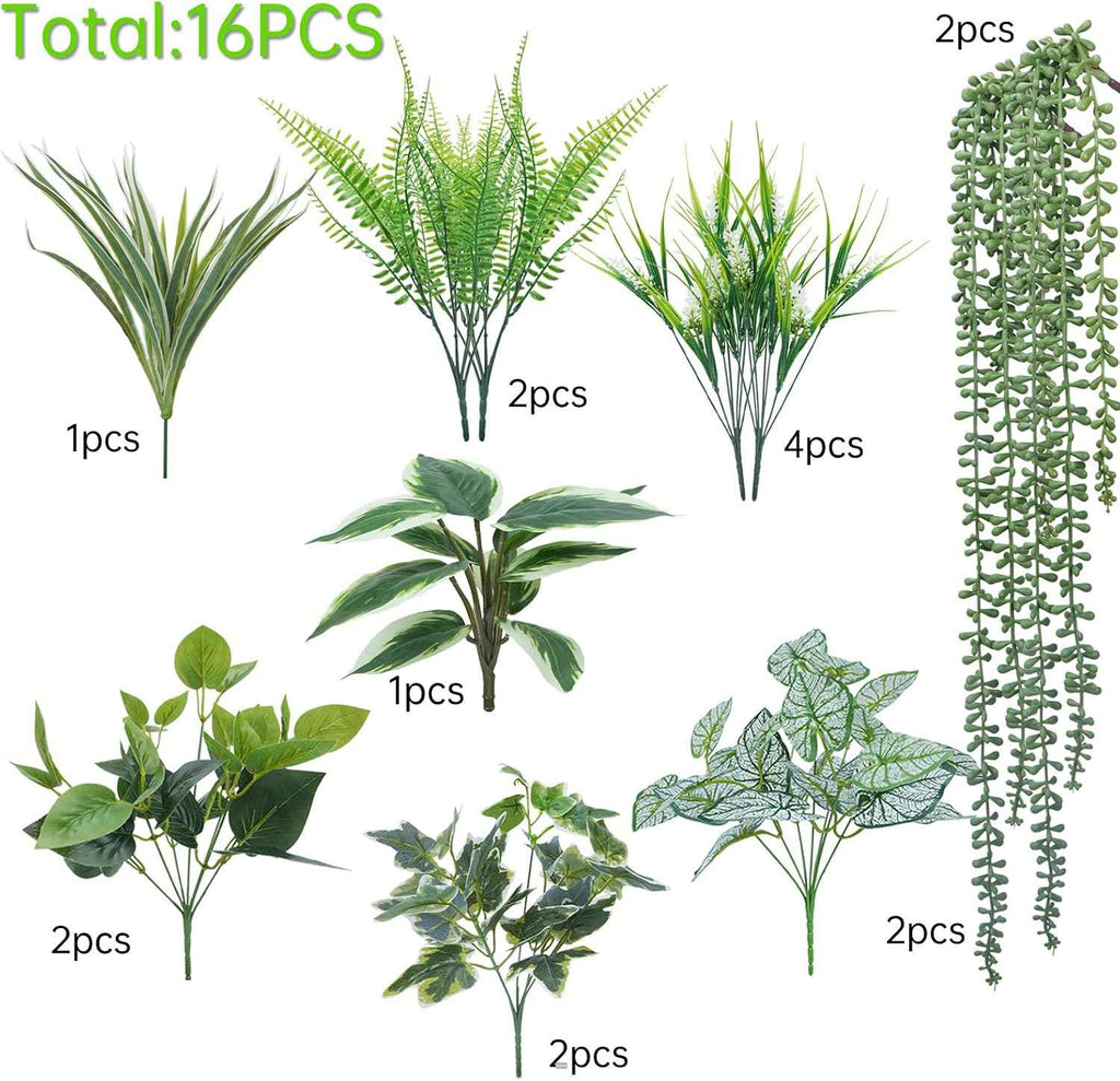 16PCArtificial Greenery Shrub Stems Fake Flower Plants for Outdoor | UV Resistant Faux Outdoor plants, Fake Shrubs Plants for Patio Garden, Front Porch, Window Box, Spring Summer Home Decor
