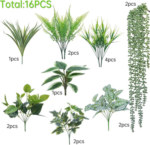 16PCArtificial Greenery Shrub Stems Fake Flower Plants for Outdoor | UV Resistant Faux Outdoor plants, Fake Shrubs Plants for Patio Garden, Front Porch, Window Box, Spring Summer Home Decor