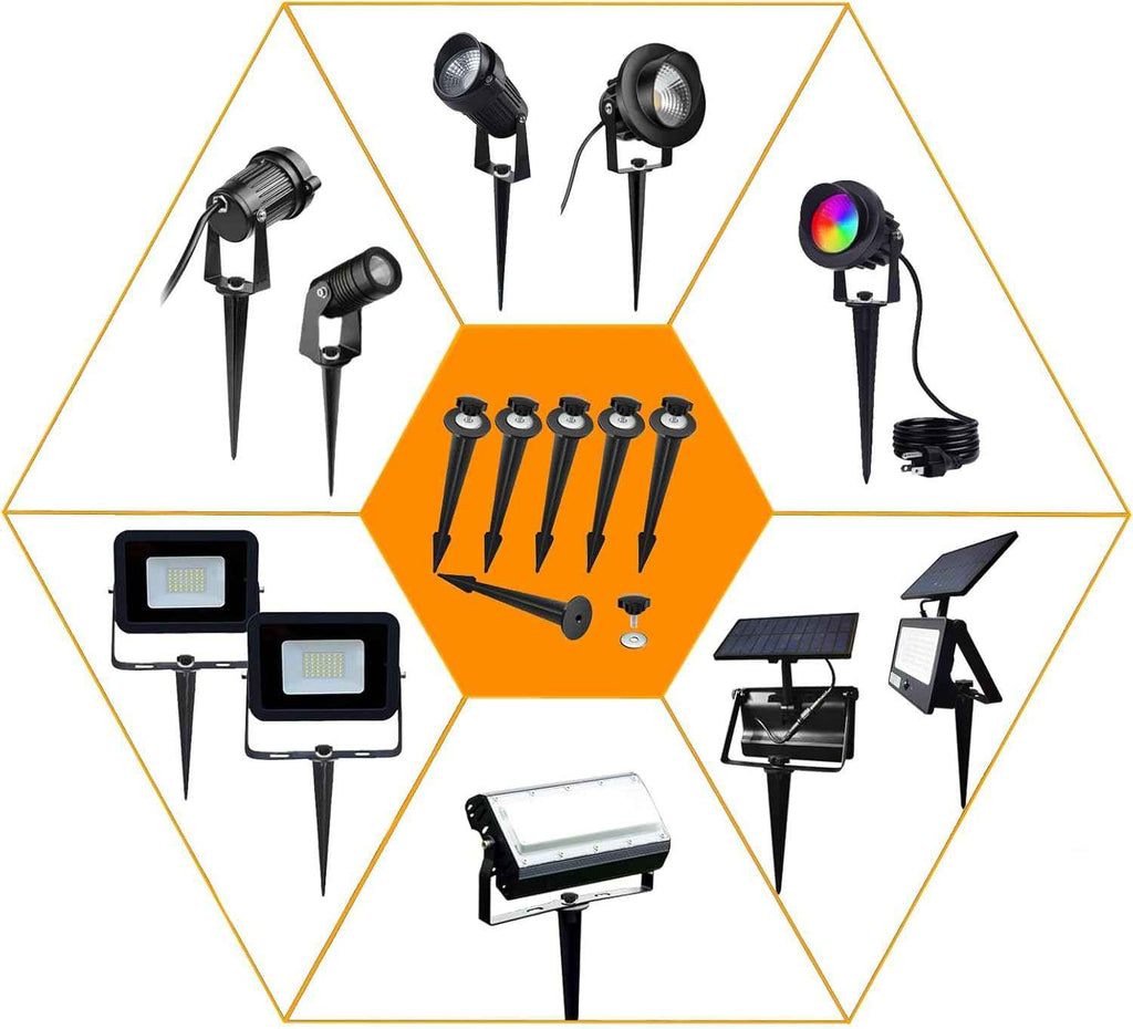 Replacement Stakes for Flood Lights,6.3in Aluminum Metal Ground Stake with Tool-Free Star Knobs Handle Thread Screw M5 for Outdoor Solar Spot Lights Garden Yard Path Walkway Lawn(6Pack)