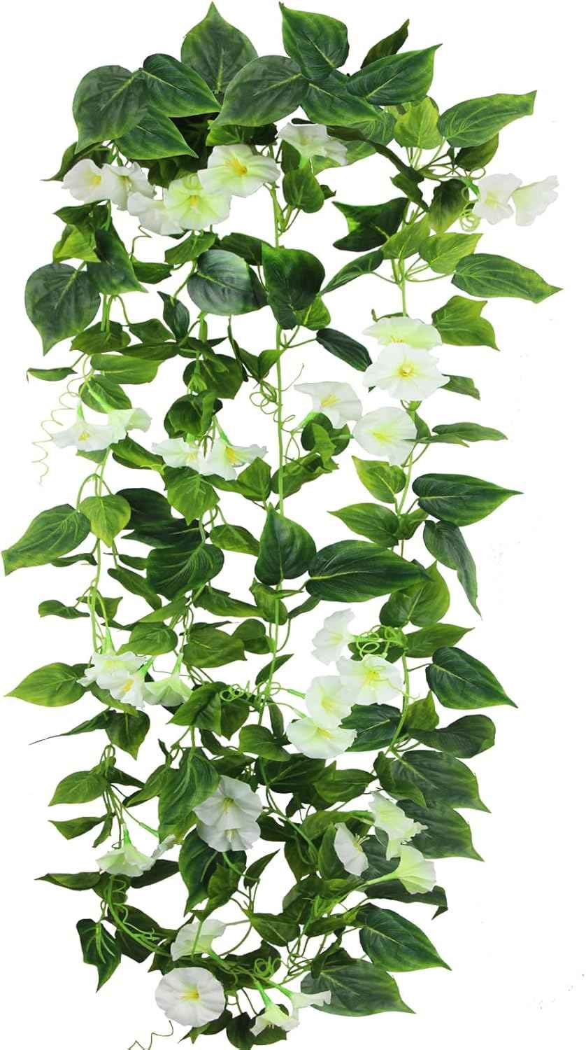 CISDUEO 2 Pcs Artificial Vines Silk Morning Glory Vines for Outdoor 15Feet Hanging Plants Garland White Fake Green Plant Morning Glories for Home Decor Wall Fence Stairway Wedding Hanging Baskets