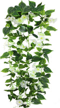 CISDUEO 2 Pcs Artificial Vines Silk Morning Glory Vines for Outdoor 15Feet Hanging Plants Garland White Fake Green Plant Morning Glories for Home Decor Wall Fence Stairway Wedding Hanging Baskets