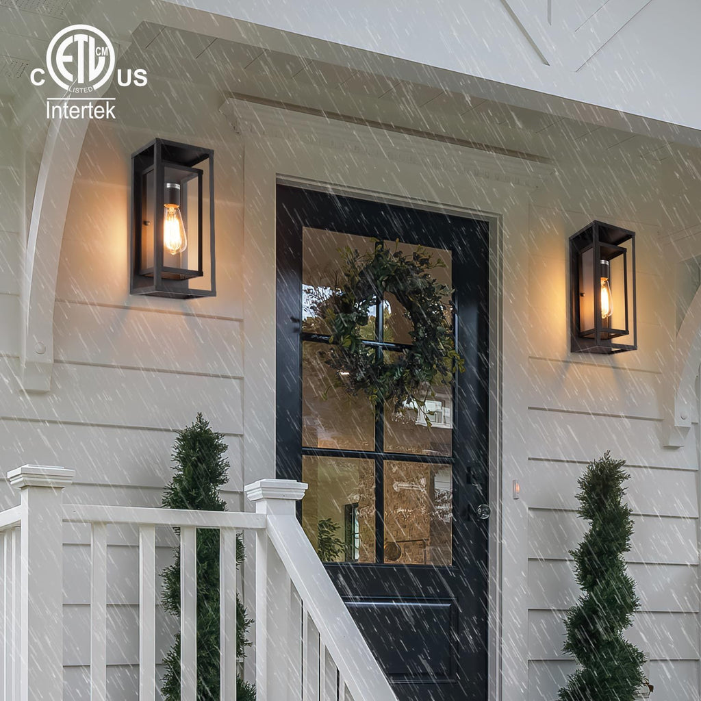 mirrea 14" Modern Outdoor Porch Wall Light, Matte Black, 2 Pack | Waterproof rectangular wall sconce with clear glass & metal frame. Perfect outdoor light fixture for entryways, patios.