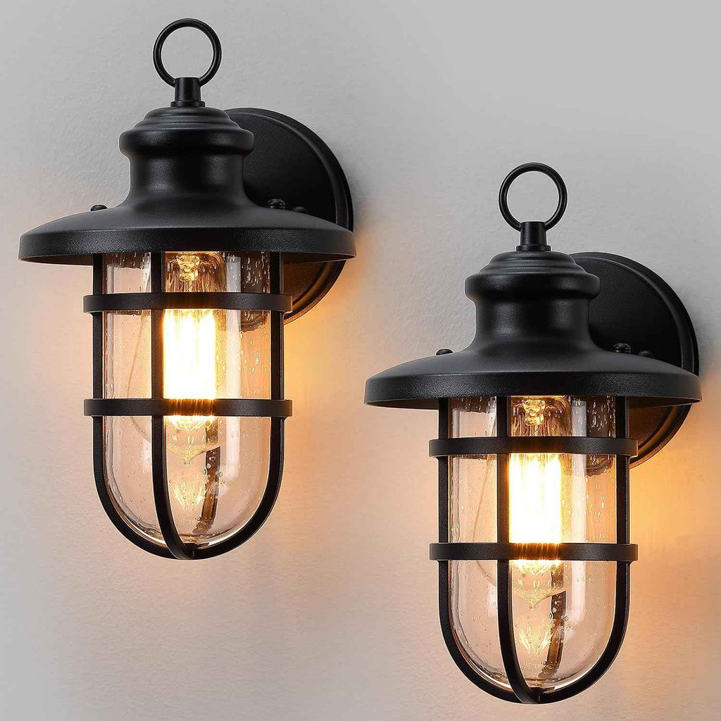 Outdoor Wall Lights Set of 2, Porch Light Fixtures with Seeded Glass | Rustic Coastal style, Industrial Nautical Metal Cage, E26 Base, Waterproof, Anti-Rust, Weather-Resistant, for Patio Garage