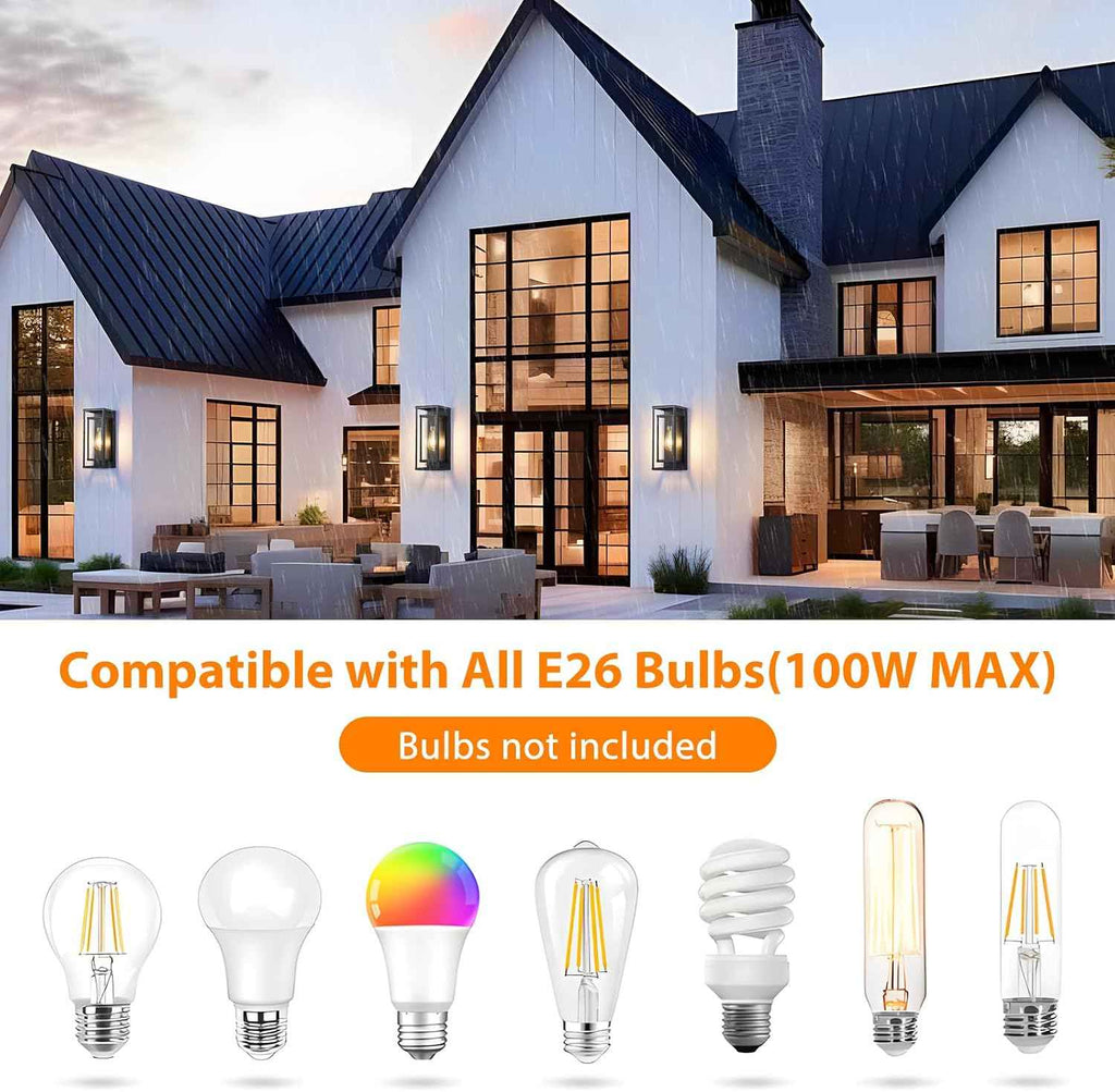 14" Black Outdoor Light Fixture, E26 Outdoor Wall Lantern 2-Pack | Exterior Lighting Fixtures, Waterproof Modern Front Porch Lights, Clear Glass Coach Lights, For Garage, Porch, Front Door