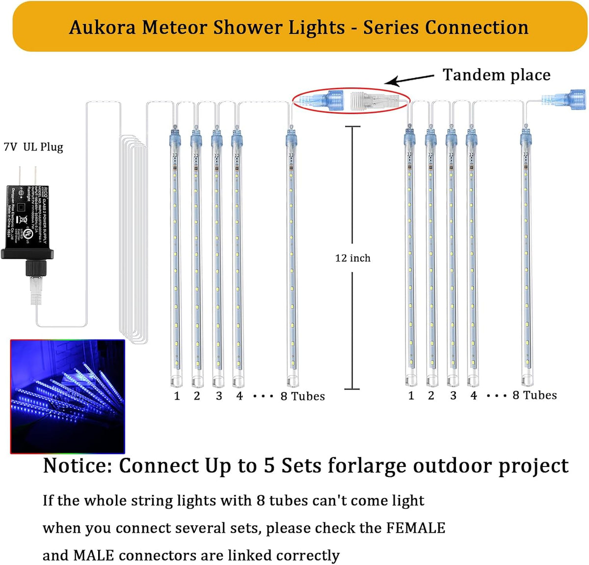 Aukora Christmas Lights Outdoor, UL Certified Blue Meteor Shower Lights | 8Tubes 192LED Falling Rain Drop Snow Icicle String Lights, Decor for Xmas Tree Party Wedding Holiday Yard Backyard Patio