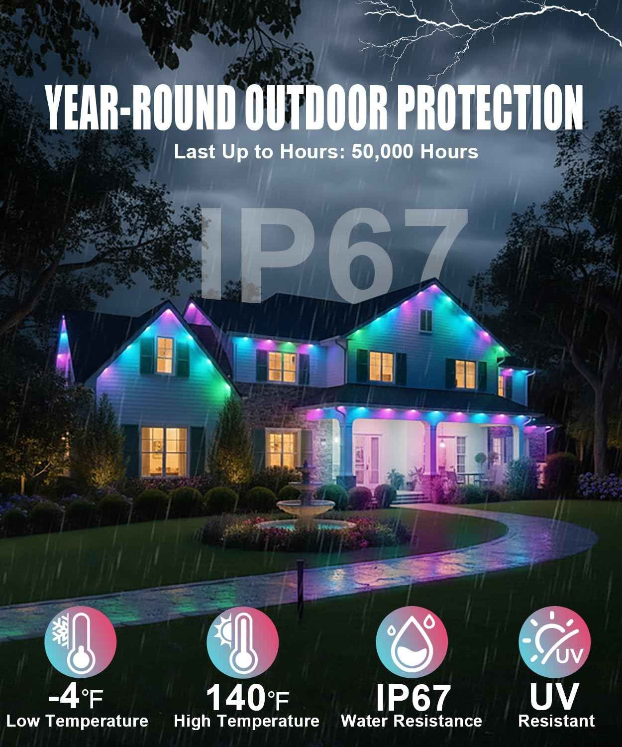 100ft Permanent Outdoor Lights for House, Smart RGB+IC Seasonal Decor | IP67 waterproof, app & remote control, 75 scene modes, 16M RGB+IC colors, warm & cool white, music sync, timer, holiday decor
